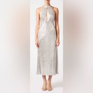 NWT Galvan London Metallic Jersey Halter Midi Dress Platinum Silver Sz 10